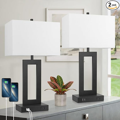 Set of 2 Modern Touch Control Table Lamps with 2 USB Ports, 22’’ Large Bedside Nightstand Lamps 3-Way Dimmable Desk Lamp With White Fabric Shade For Bedrooms Living Room Reading, 2 LED Bulbs Included