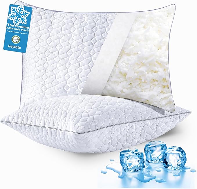 Cooling King Size Pillows Set of 2, Shredded Memory Foam Pillows, Adjustable Firm Bed Pillows Cool Cold Pillow for Hot Side Back Stomach Sleepers with Removable Washable Cover, 20" x 36", White