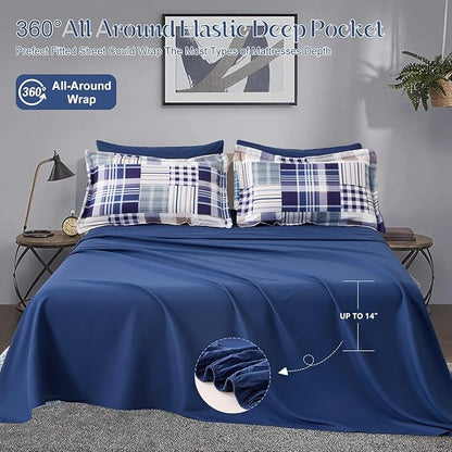 Comforter Set Queen Size Plaid Patchwork Comforter Bedding-7 Piece Bed in a Bag,Soft Fluffy Reversible Microfiber Bedding Set(1 Comforter,1 Flat Sheet,1 Fitted Sheet,2 Pillowcases,2 Pillow Shams),Navy