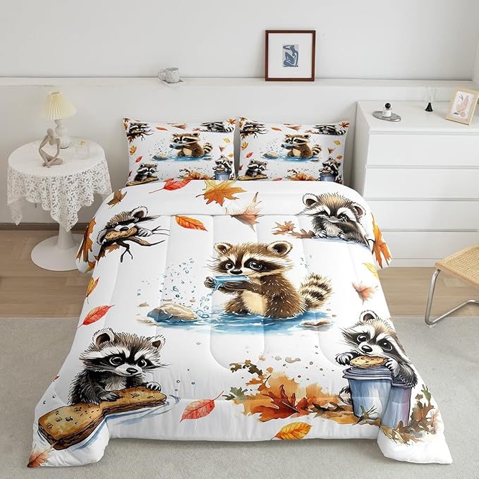 Fall Jungle Kids Comforter Full,Kawaii Raccoon Animals Bedding Set for Girls Youth Bedroom Decor,Retro Autumn Fallen Leaves Reversible Quilt Sets,Cute Wildlife Bedding Comforter Set,Soft Fluffy