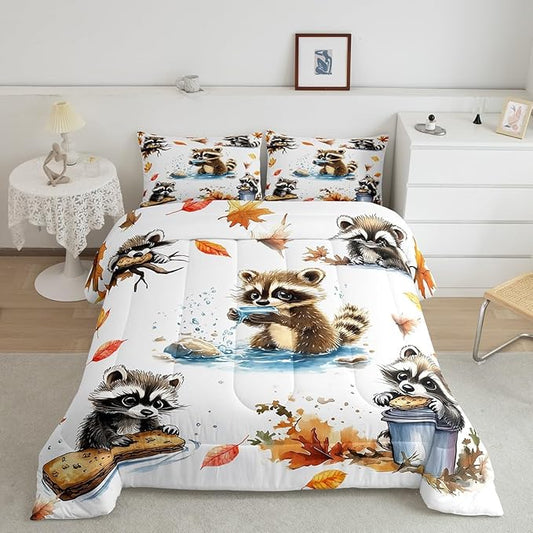 Fall Jungle Kids Comforter Twin,Kawaii Raccoon Animals Bedding Set for Girls Youth Bedroom Decor,Retro Autumn Fallen Leaves Reversible Quilt Sets,Cute Wildlife Bedding Comforter Set,Soft Fluffy