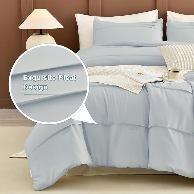 Masaca Oversized King Comforter 120x120,3 Pieces Pinch Pleated Bedding Comforter,Light Blue Rustic Boho Cal King Bed Comforter Oversized Lightweight and Soft
