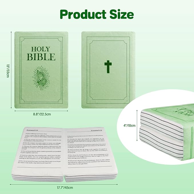 Bible Pillow Book Plush That Opens, Cozy Faith Bible Plushies, for Kids Adults Christian Gifts, Decoration for Bedrooms, Living Rooms (Green)