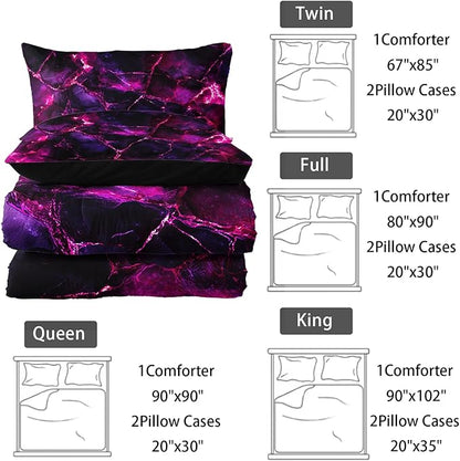 Pink Comforter Set King Size，Pink Marble Bedding Set 3 Pcs Bedding for Adults, Marble Room Decor with Comforter and 2 Pillowcases Soft and Lightweight B-Side Black