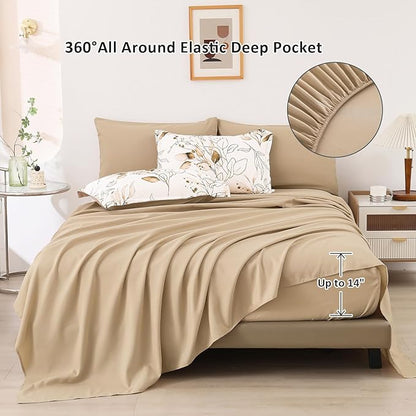 WONGS BEDDING Brown Comforter Set King Size, 7 Pieces Botanical Bed in a Bag Golden Leaves Bedding Set Soft Microfiber King (1 Comforter,2 Pillowcase,2 Pillow Shams,1 Flat Sheet,1 Fitted Sheet)