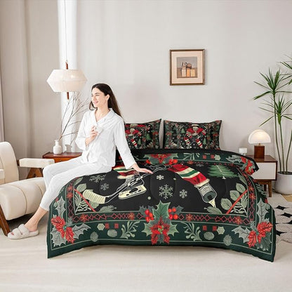 Erosebridal Ice Hockey 7 Piece Comforter Set Twin | Christmas Theme Puck Player Bed in A Bag Athletic Competitive Games Sheet Set Reversible Winter Sports Fitted Sheet Breathable Lightweight