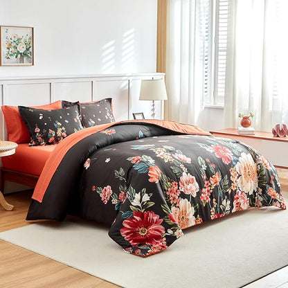 Joyreap 7 Piece Bed in a Bag Queen, Floral Comforter Sheet Set, Black n Orange Flowers Design, All Season Microfiber Bedding Comforter Set