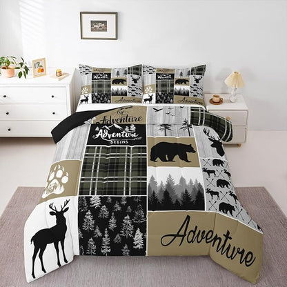 Rustic Cabin Comforter Set For Men, Farmhouse Country Bear Moose Bedding King Size, Forest Vintage Wood Decor Quilt Hunting Camping Adventure Themed Bedding Comforter Sets Bear Decor For Home