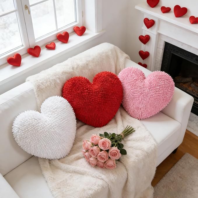 Cumule 3Pcs Valentine's Day Heart Pillows Plush Large Love Heart Pillows Red Ivory Pink Pillows for Valentines Day Living Room Bedroom Decor