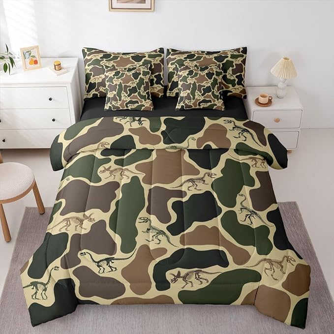 Erosebridal Dino Camouflage 7 Piece Bedding Set Full Dark Green Camo Comforter Set with Sheets Dinosaur Skeleton Bed in a Bag Vintage Skeleton Rustic Bed Sets Comforter