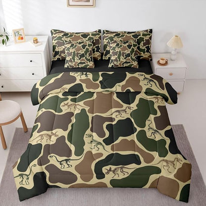 Erosebridal Dino Camouflage 7 Piece Bedding Set Twin Dark Green Camo Comforter Set with Sheets Dinosaur Skeleton Bed in a Bag Vintage Skeleton Rustic Bed Sets Comforter