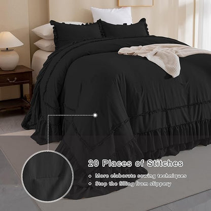 QSH Oversized King Comforter 128x120,3PCs Black Farmhouse Lightweight Ruffled Bedding Comforter Set Shabby Boho Chic California King Bed Comforter Set French Country Soft Microfiber Fluffy Bed Set