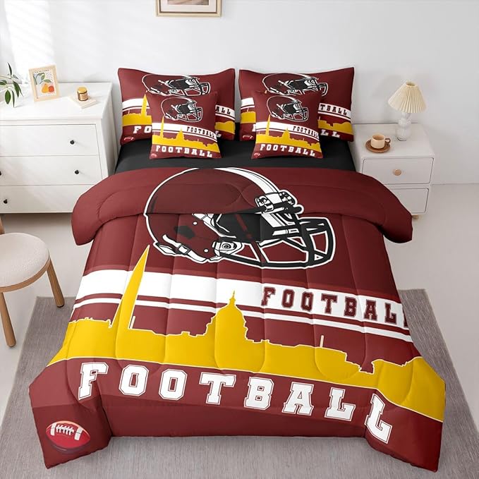 Erosebridal Football 7 Pcs Comforter Set Twin Football Fans Bedding for Kids Football City Sheet Set Bed in A Bag Red Yellow Rugby Competition Room Decor Sports Ball Game Quilt