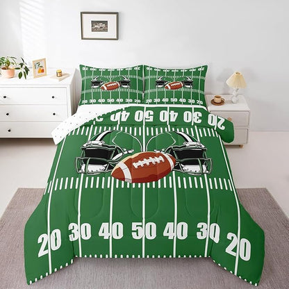 Feelyou Rugby Comforter Set King Size Soccer Ball Game Comforter for Boys Girls Teens Football Bedding Set Gift for Football Lover Duvet Set Grass Green Quilt Set