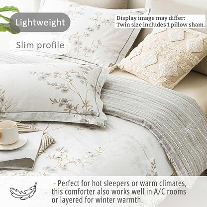 Vintage Botanical White Cotton Comforter Twin Size - Elegant Gray Flowers and Taupe Branches on White, Light Gray Striped Back, 2PC Lightweight Bedding Set with Soft Alternative Fill