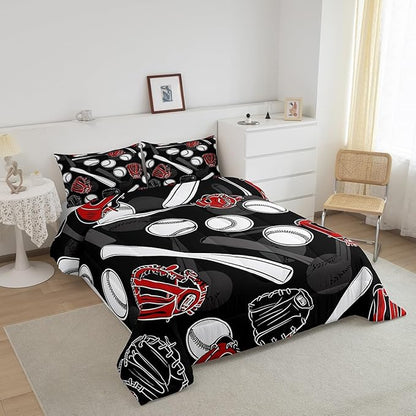 Erosebridal 3D Baseball Comforter Set Queen Sport Theme Bedding Set Men Young Ball Games Bedding Comforter Sets Black White Grey Down Comforter Lightweight Bedroom Decor with 2 Pillow Cases