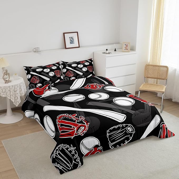 Erosebridal Baseball Comforter Set Queen Cartoon Baseballs Bedding Set 3D Ball Sport Games Bedding Comforter Sets Black White Gray Quilt Soft Bedroom Decor Gift for Teens Boys