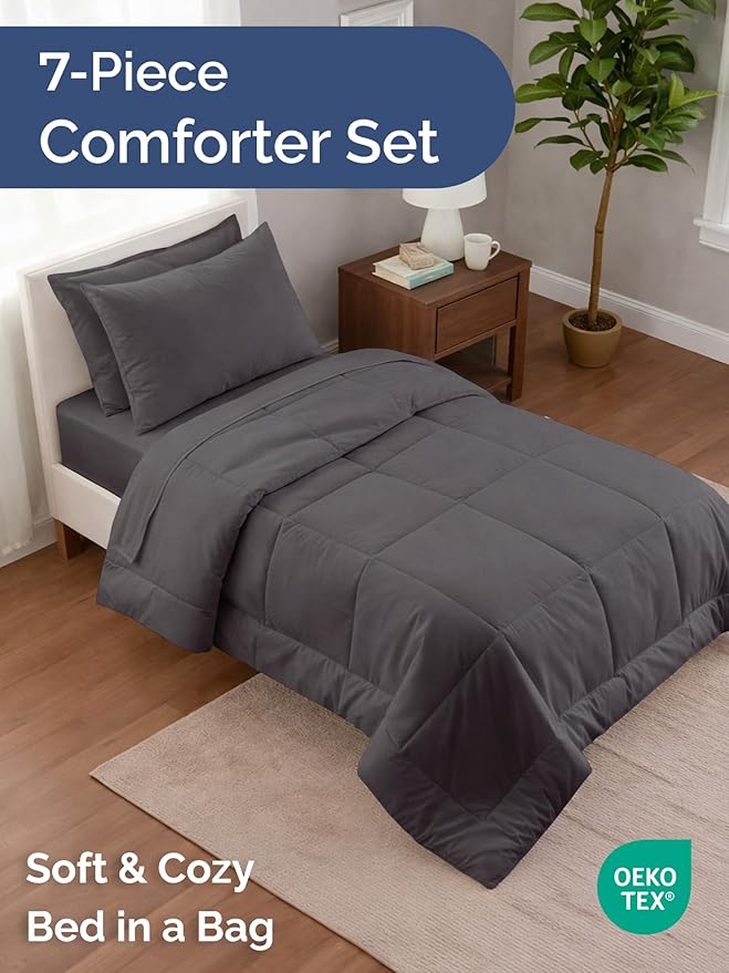 Twin XL Comforter Set - 5 Piece Bed in a Bag Twin XL Size Bed Set - Down Alternative Comforter, Flat Sheet, Fitted Sheet, Pillowcase & Sham for All Seasons - Ultra Soft, Comfy, Breathable - Dark Grey