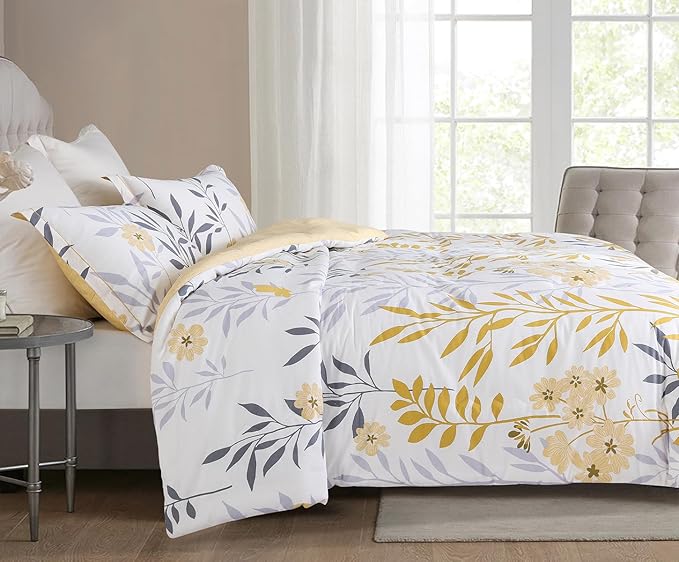 SLEEPBELLA Comforter Twin Size, 600 Thread Count Cotton Grey Branch with Yellow Flower & Grey Leaves Pattern Orange Reversible Comforter Set,Down Alternative Bedding Set 2Pcs(Twin, Yellow Botanical)