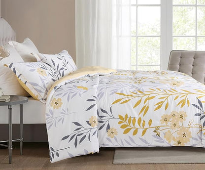 SLEEPBELLA Comforter Twin Size, 600 Thread Count Cotton Grey Branch with Yellow Flower & Grey Leaves Pattern Orange Reversible Comforter Set,Down Alternative Bedding Set 2Pcs(Twin, Yellow Botanical)