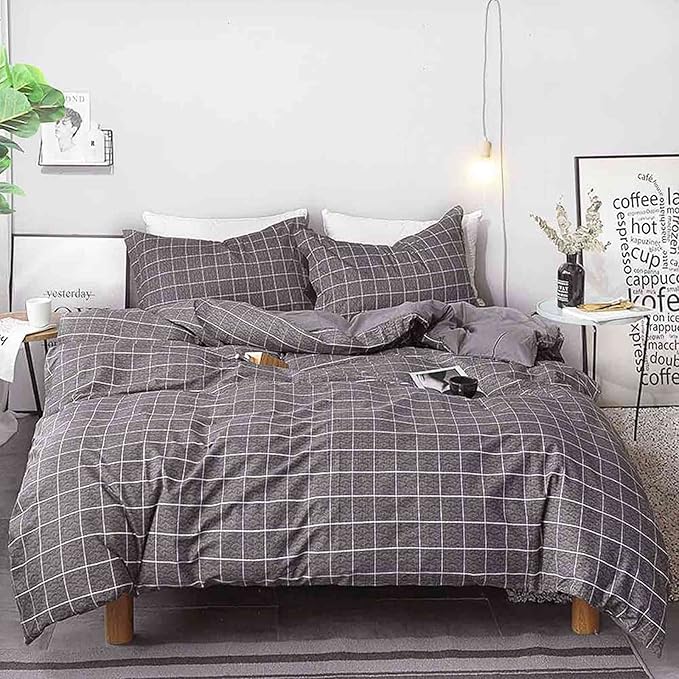 Faincy King Comforter Set, Grey Grid Gray Plaid Geometric Pattern Reversible Comforter - Size 104 x 90 3PCS Soft Microfiber Duvet Sets Modern Cottage Preppy Decor Bedding in a Bag for Women Men Teen