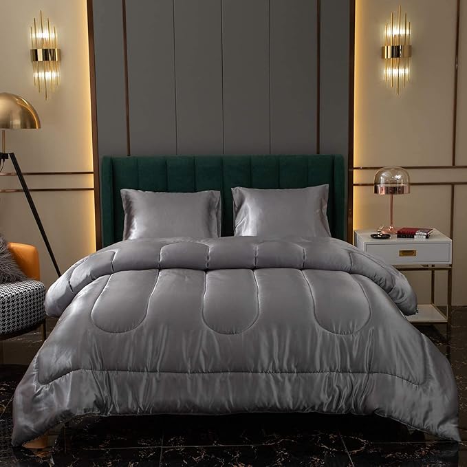 Bedding Dreamer Satin Comforter Queen Size Grey Silky Set with 2 Pillowcases
