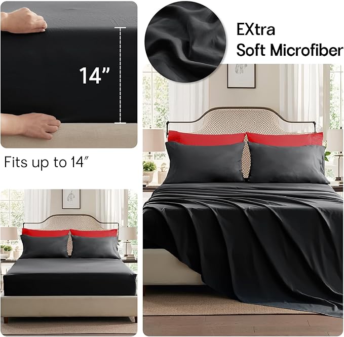 Anluoer Black and Red Queen Comforter Set 7 Pieces, Bed in a Bag with Sheets, All Season Bedding Sets with 1 Comforter, 2 Pillow Shams, 2 Pillowcases, 1 Flat Sheet, 1 Fitted Sheet