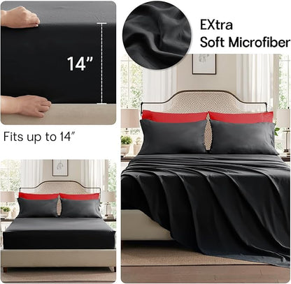 Anluoer Black and Red King Comforter Set 7 Pieces, Bed in a Bag with Sheets, All Season Bedding Sets with 1 Comforter, 2 Pillow Shams, 2 Pillowcases, 1 Flat Sheet, 1 Fitted Sheet