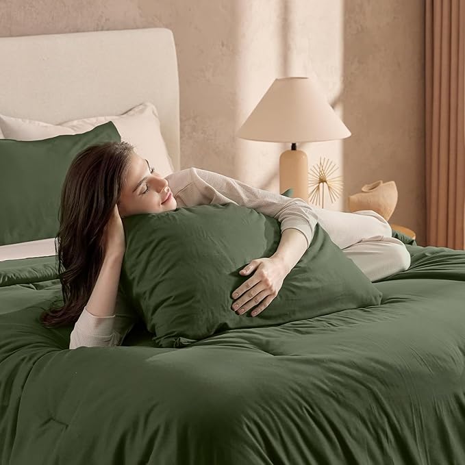 Andency Queen Size Comforter Set Olive, Solid Bed Comforter Set 3 Pieces (1 Comforter & 2 Pillowcases), Soft Cozy Lightweight All Season Bed Set