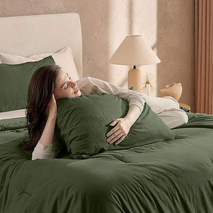 Andency Olive Green Full Size Comforter Set, Solid Comforter Set 3 Pieces (1 Boho Comforter & 2 Pillowcases), Lightweight Fluffy Vintage Olive Bed Comforter for All Season