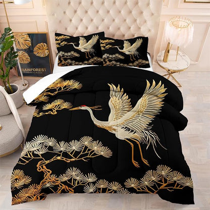 Japanese Style Comforter Set Queen Size Black Gold Pine and Crane Bedding Set 3D Vintage Chinoiserie Printing Bedding White Golden Bird Tree Comforter Ultra Soft Lightweight Microfiber