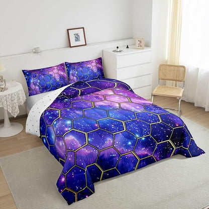 Manfei Blue Galaxy Comforter Set King Size, Geometric Hexagon Print Bedding Set 3pcs, Purple Starry Sky Honeycomb Down Comforter for All Season, Kids Boys Girls Room Decor, 2 Pillowcases