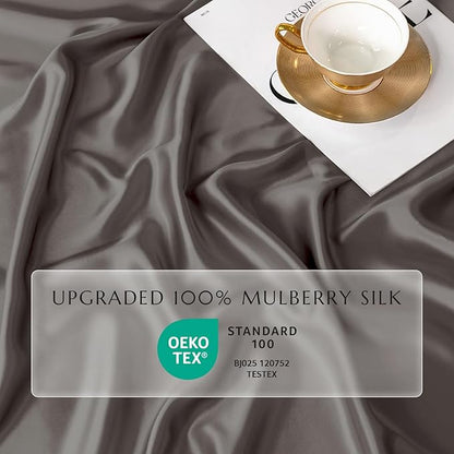 THXSILK 100% Mulberry Silk Fitted Sheet Set, 7A+ Silk 3 Pieces Bed Sheets, Breathable, Smooth, 16 Inch Deep Pocket Fitted Sheet, 2 Pillowcases - Charcoal, Twin
