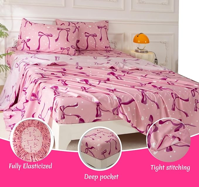 SDY 7PCS Full Size Pink Bow Comforter & Sheet Set - Cute Room Decor Bedding for Girls, Includes 1 Comforter, 1 Flat& Fitted Sheet, 2 Pillowcases & 2 Pillow Shams, Cozy Adorable Pick for Girls’ Bedroom