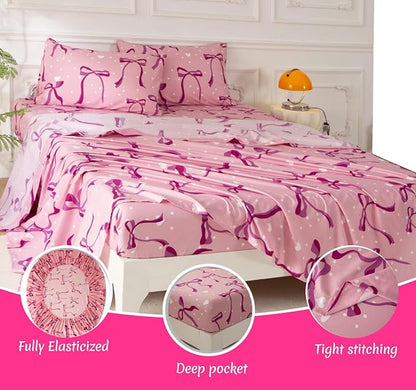 SDY 7PCS Full Size Pink Bow Comforter & Sheet Set - Cute Room Decor Bedding for Girls, Includes 1 Comforter, 1 Flat& Fitted Sheet, 2 Pillowcases & 2 Pillow Shams, Cozy Adorable Pick for Girls’ Bedroom