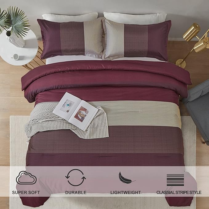 WONGS BEDDING Burgundy Comforter Set King, Reversible Burgundy Stripe Down Alternative Comforter for All Season,3 Pieces(1 Comforter+2 Pillowcases), Soft Microfiber Bedding Duvet Set 104”×90”