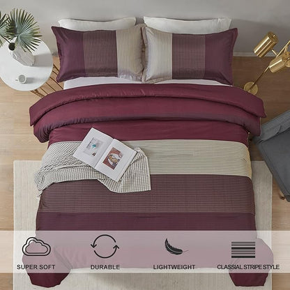 WONGS BEDDING Burgundy Comforter Set King, Reversible Burgundy Stripe Down Alternative Comforter for All Season,3 Pieces(1 Comforter+2 Pillowcases), Soft Microfiber Bedding Duvet Set 104”×90”