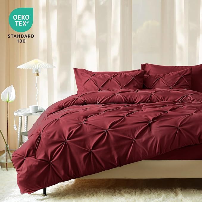 JOLLYVOGUE Queen Comforter Set 7 Pieces - Bed in a Bag Queen for All Season, Pintuck Bedding Comforter Sets with Comforter, Flat Sheet, Fitted Sheet and Pillowcases & Shams, Burgundy