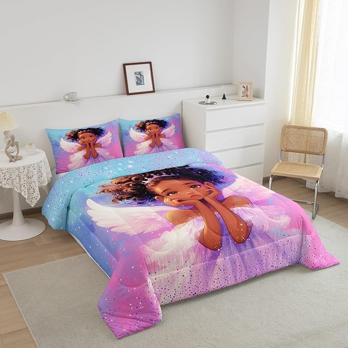 Manfei Princess Girl Comforter Set King Size, Cute Black Little Girl Bedding Set for Kids Women Adult Room Decor, Blue Pink Galaxy Down Comforter, Reversible Polyester Quilt Set,2 Pillowcases