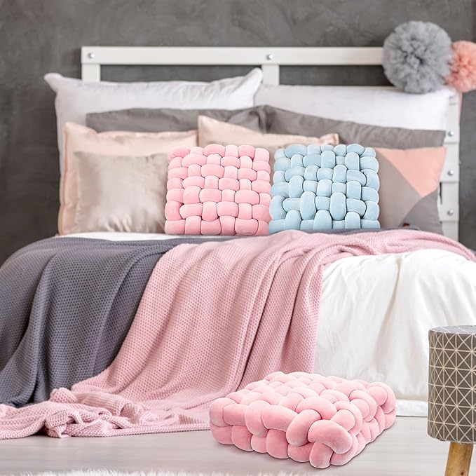 Wenqik 2 Pcs Knot Pillows Square Knotted Plush Throws Soft Accent Pillows Decoration Cushion for Couch Home Office Living Room Bedroom Bed Sofa Decor, 12'' x 13''(Pink,Crystal Velvet)