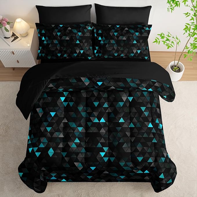 Geometric Turquoise Black Triangle Full Comforter Set, Light Honeycomb Bedding Set 7 Piece in A Bag,Bed Sheet Set Geometry Decor,Microfiber Lightweight All Season