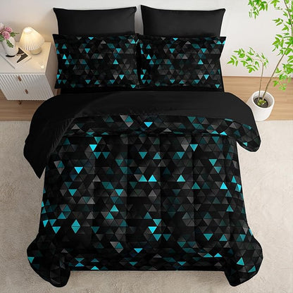 Geometric Turquoise Black Triangle Full Comforter Set, Light Honeycomb Bedding Set 7 Piece in A Bag,Bed Sheet Set Geometry Decor,Microfiber Lightweight All Season
