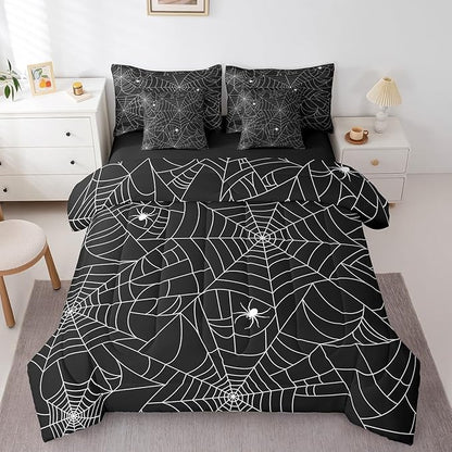 Feelyou Spider Web Comforter Set Queen Size 7 Pcs Halloween Spider Comforter Bed in a Bag Black White Bedding Set for Boys Girls Teens Gothic Bed Set with Sheets, Pillowcases, Pillow Covers