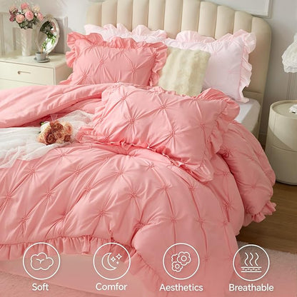 BEDELITE Pink Comforter Set Queen - 3 Pieces Boho Ruffle Pintuck Bedding Comforter Sets, Lightweight Soft & Warm Bed Comforter with 2 Pillowcases for Spring,Valentines Day Gift