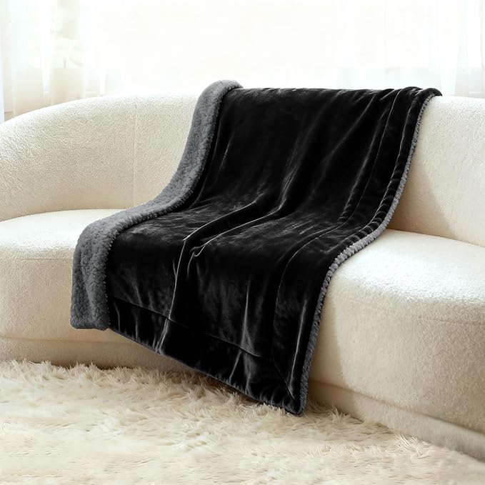 Genteele Sherpa Throw Blanket Super Soft Reversible Ultra Luxurious Plush Blanket, 60 x 80 inches, Black/Gray