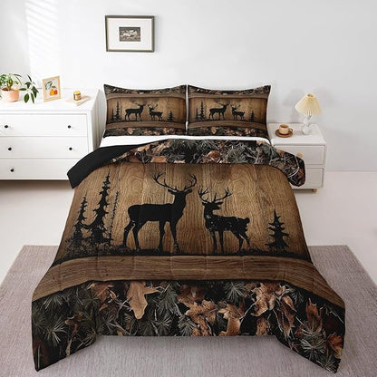 Erosebridal Rustic Cabin Bedding Sets Camo Hunting Deer Comforter Set Toddler Farmhouse Woodland Animal Quilt Comforter for Kids Boys Teen Men,Tree Branches Camouflage Wildlife Bed Duvet Set 2 Pcs