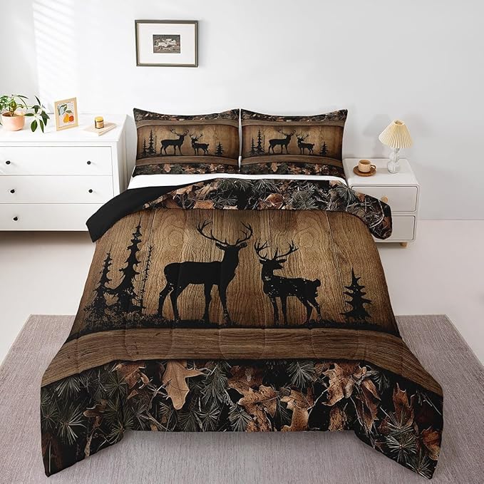 Erosebridal Rustic Cabin Bedding Sets Camo Hunting Deer Comforter Set King Farmhouse Woodland Animal Quilt Comforter for Kids Boys Teen Men,Tree Branches Camouflage Wildlife Bed Duvet Set 3 Pcs