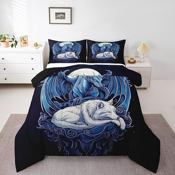 Erosebridal Dragon Comforter Set Toddler Size for Boys, Wolf Animals Bedding Set, Tribal Exotic Wildlife Down Comforter for Boys Adult Men Room, Moon Starry Sky Quilt, Black Blue