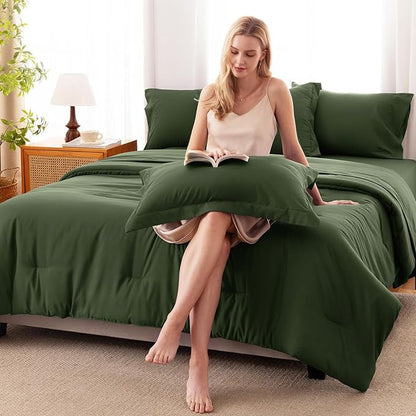 CozyLux Queen Comforter Set Olive Green, 7 Pieces Bed in a Bag Queen Comforter Set with Sheets, Bedding Sets with Down Alternative Comforter, Fitted Sheets, Flat Sheets, Pillow Shams and Pillowcases