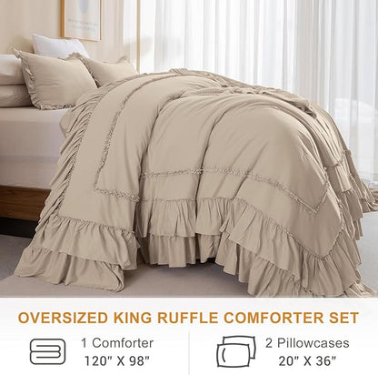 Masaca Ruffled Oversized King Comforter 120x98,Farmhouse Shabby Boho Chic Ruffle California King Comforter Set 3 Pieces French Country Vintage Rustic Bedding for All Season